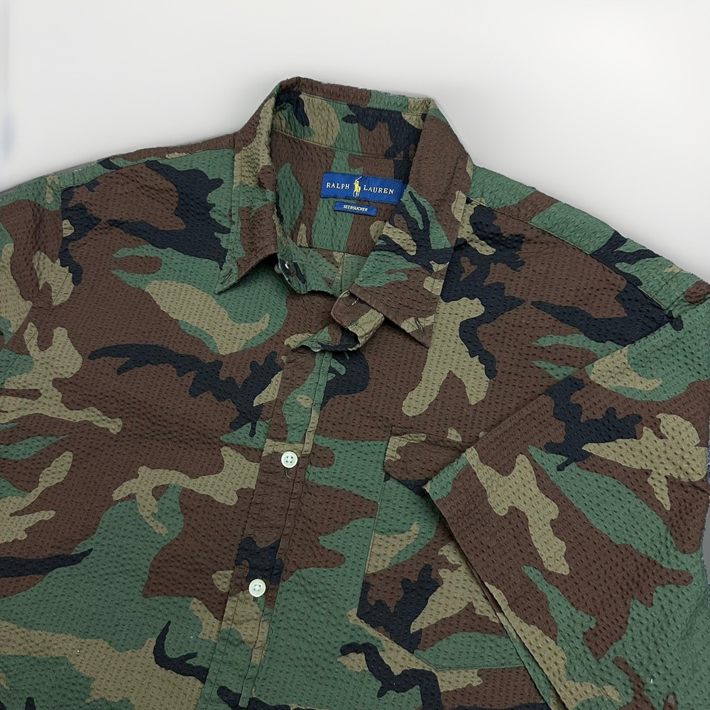 Ralph Lauren Men's Camo Seersucker Short Sleeve Button-Down Shirt XL Woodland